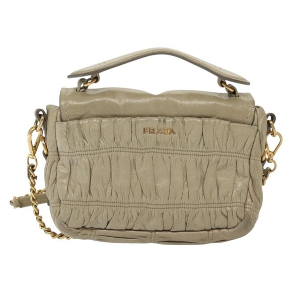 PRADA Chain Shoulder Bag Leather Beige Gold Auth - Picture 3 of 15